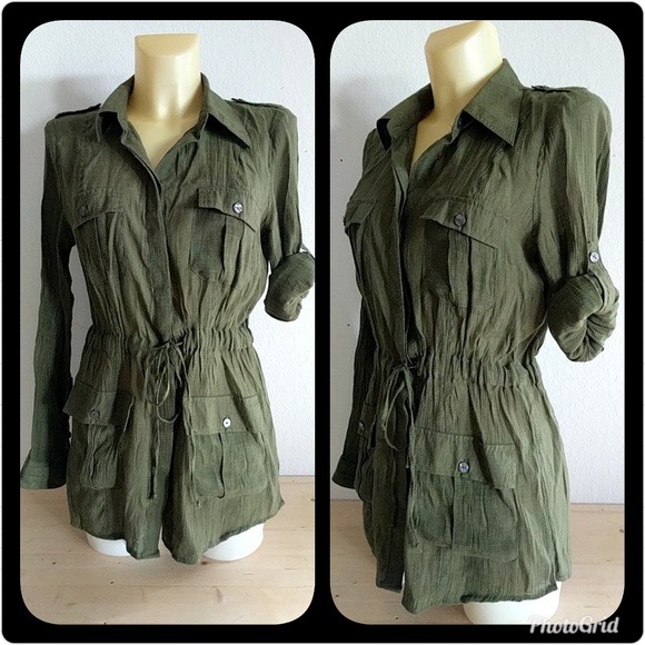 new directions Tops - {New Directions} Army Green Long Button Down